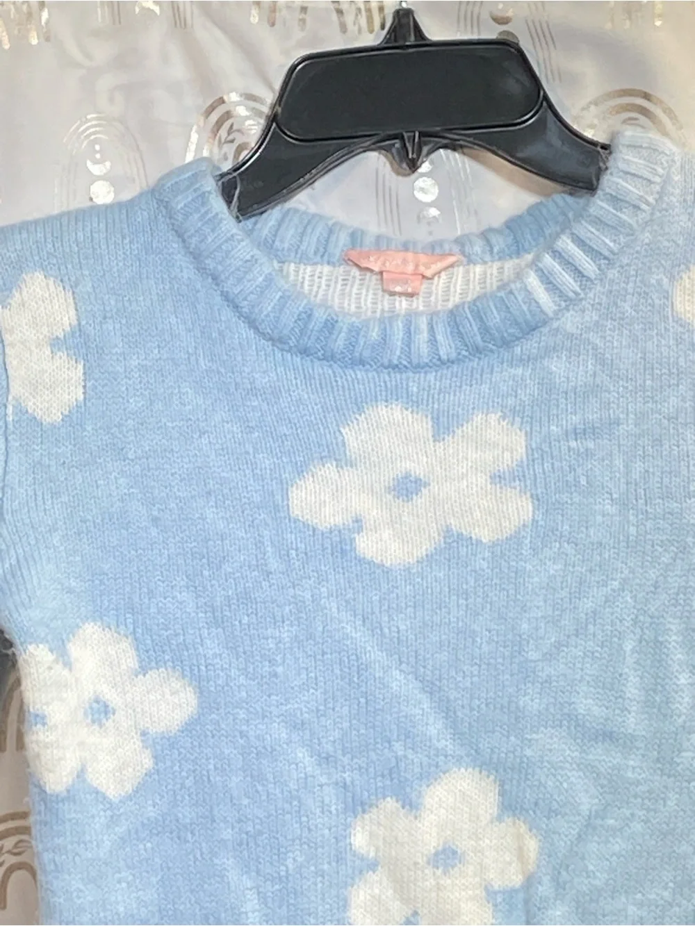 Girls Light Blue Floral Knit Crewneck Sweater
